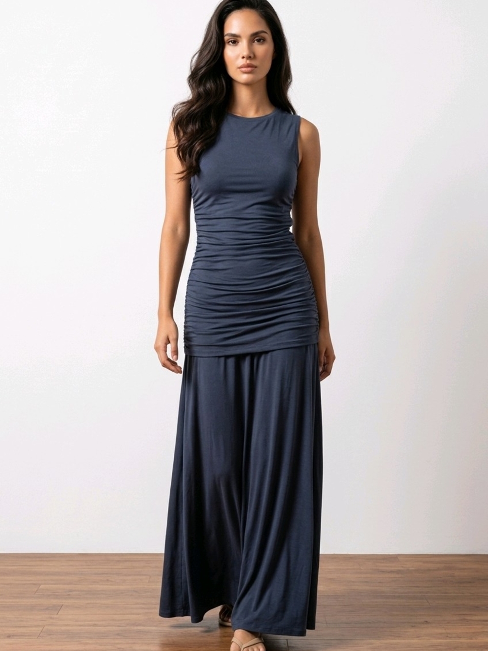 Steve Madden Women's Blue Knit Ruched Stretch Round Neck Maxi Dress XL